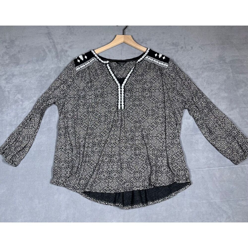 Lucky Brand Womens Top 2X Black Split V-Neck Embroidered‎ Boho 3/4 Sleeve Knit
